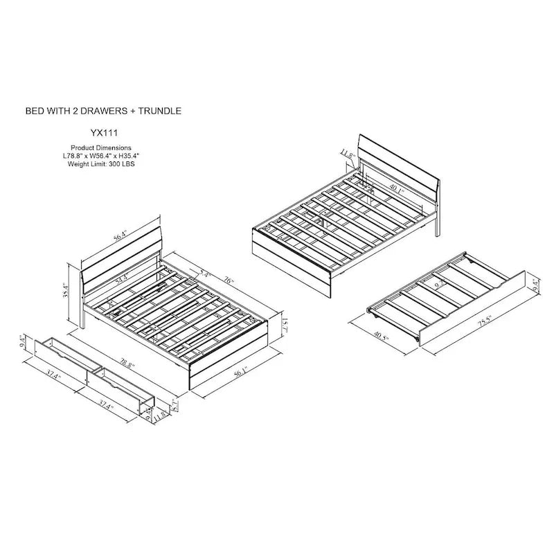 Full Bed Frame With Twin Size Trundle And 2 Drawers