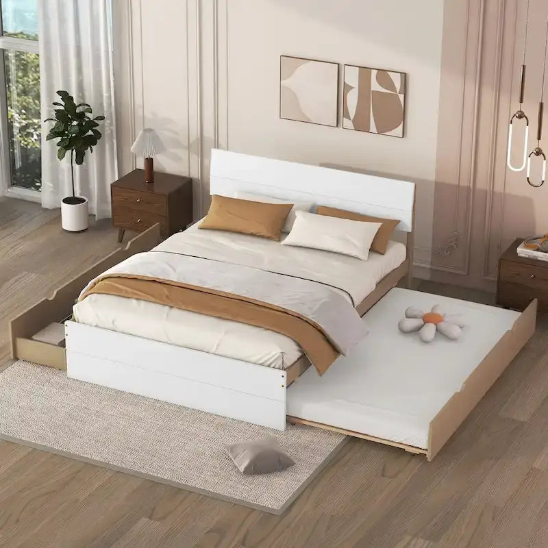 Full Bed Frame With Twin Size Trundle And 2 Drawers