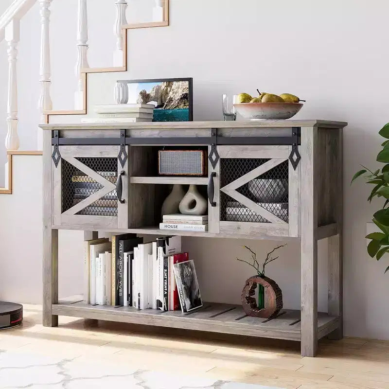 Whizmax Farmhouse Entryway Table with Sliding Barn Doors, Sofa Table with Storage and Open Shelf, Console Tables for Entryway, Hallway