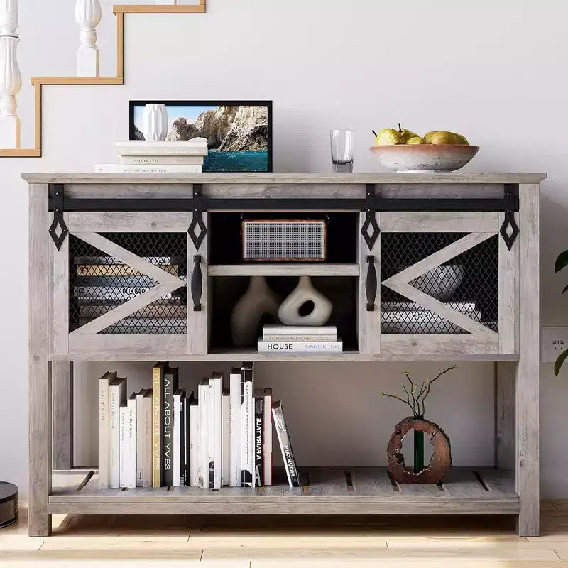 Whizmax Farmhouse Entryway Table with Sliding Barn Doors, Sofa Table with Storage and Open Shelf, Console Tables for Entryway, Hallway