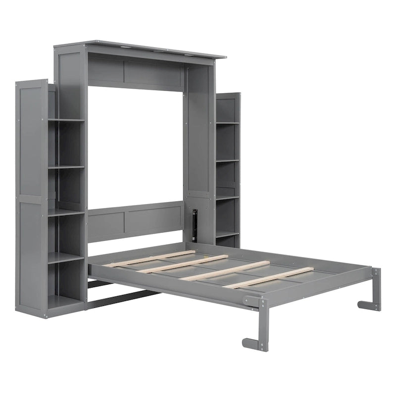 Full Size Murphy Wall Bed Frame with Shelves and LED Lights,for Girls Boys Teens,No Box Spring Needed