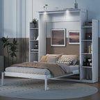 Full Size Murphy Wall Bed Frame with Shelves and LED Lights,for Girls Boys Teens,No Box Spring Needed