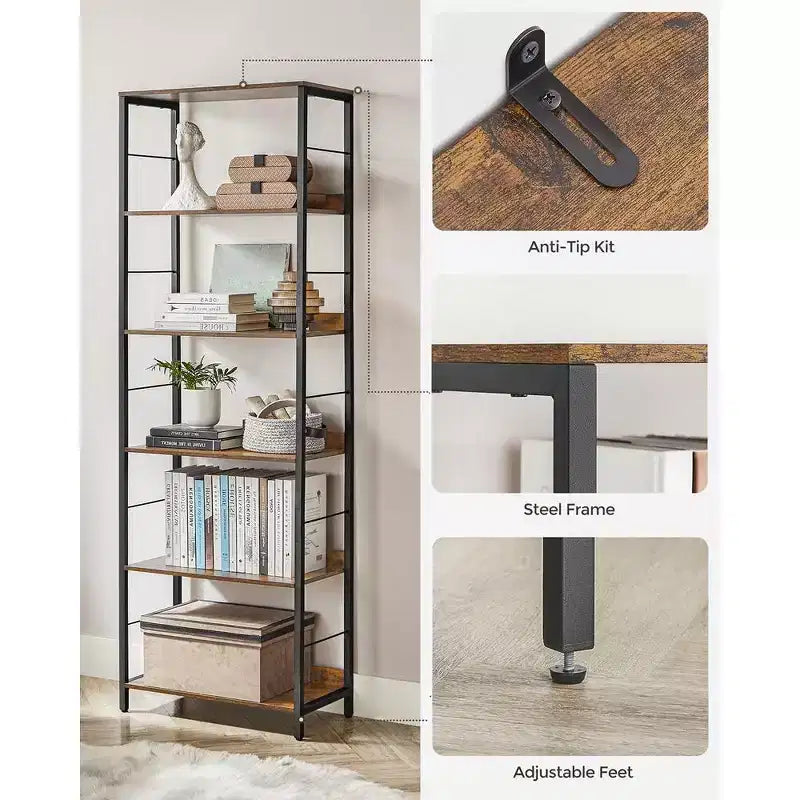 VASAGLE 6-Tier Bookshelf, Bookcase, 11.8 x 23.6 x 70.1 Inches, Shelving Unit, with Back Panels, Industrial Style Study, Rustic Brown and Black