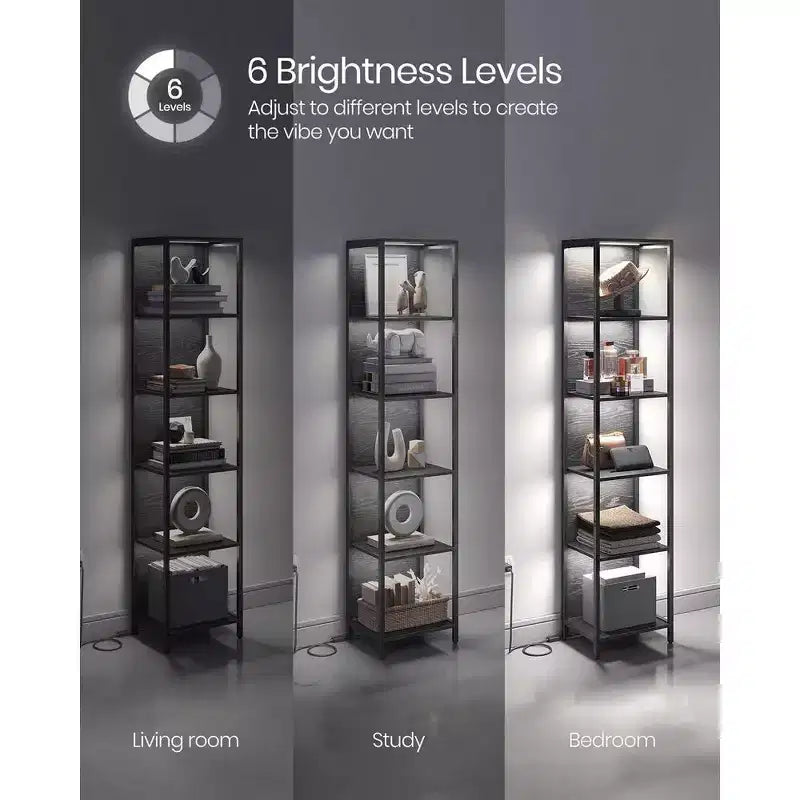 6-Tier LED Bookshelf, Display Shelf with Dimmable Lights, LED Bookcase, 11.9 x 15.7 x 70.3 Inches, Black with Wood Grain