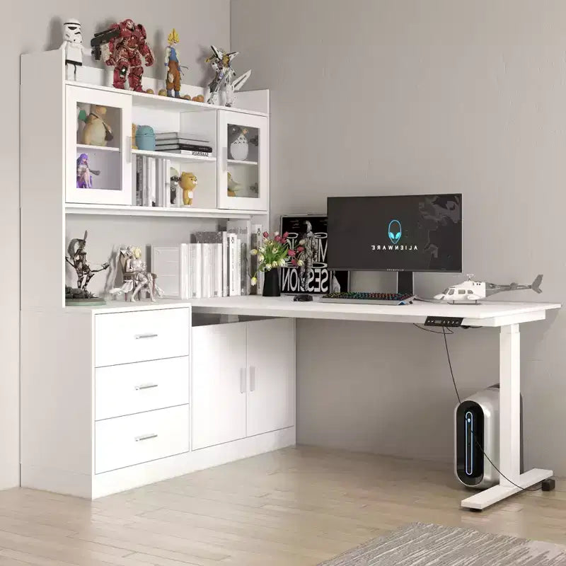 Famapy Liftable Desk Computer Desk Large Desktop All-in-One Composite Storage Cabinet White