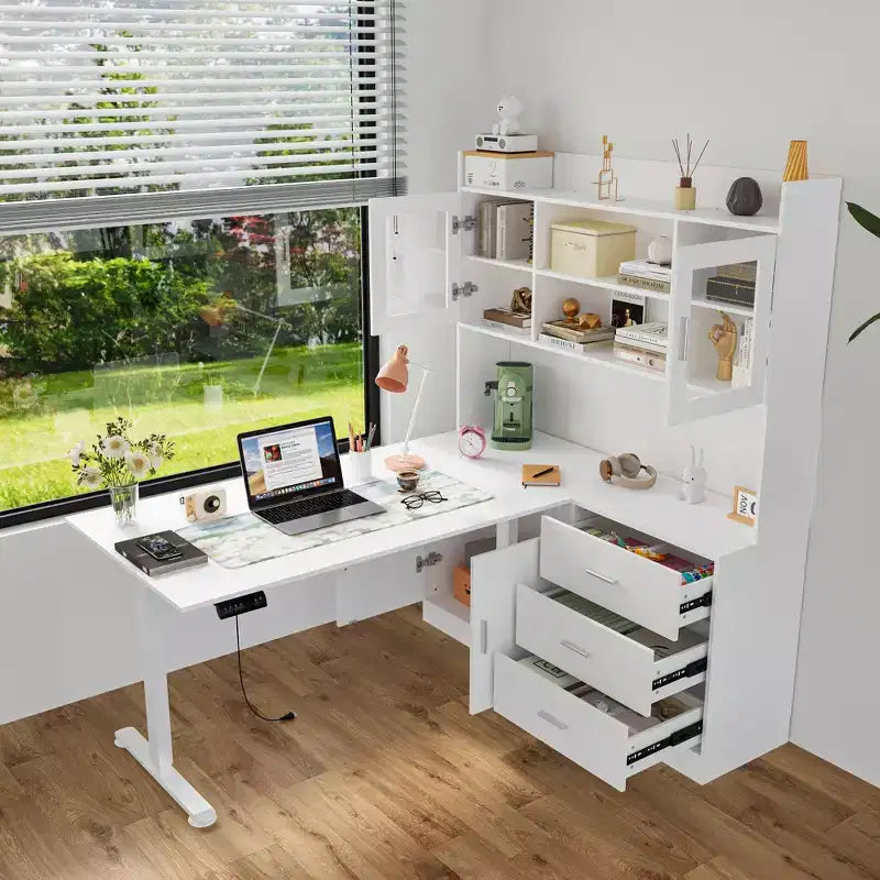 Famapy Scrivania Sollevabile Scrivania per Computer Grande Scrivania All-in-One Mobile Contenitore Composito Bianco