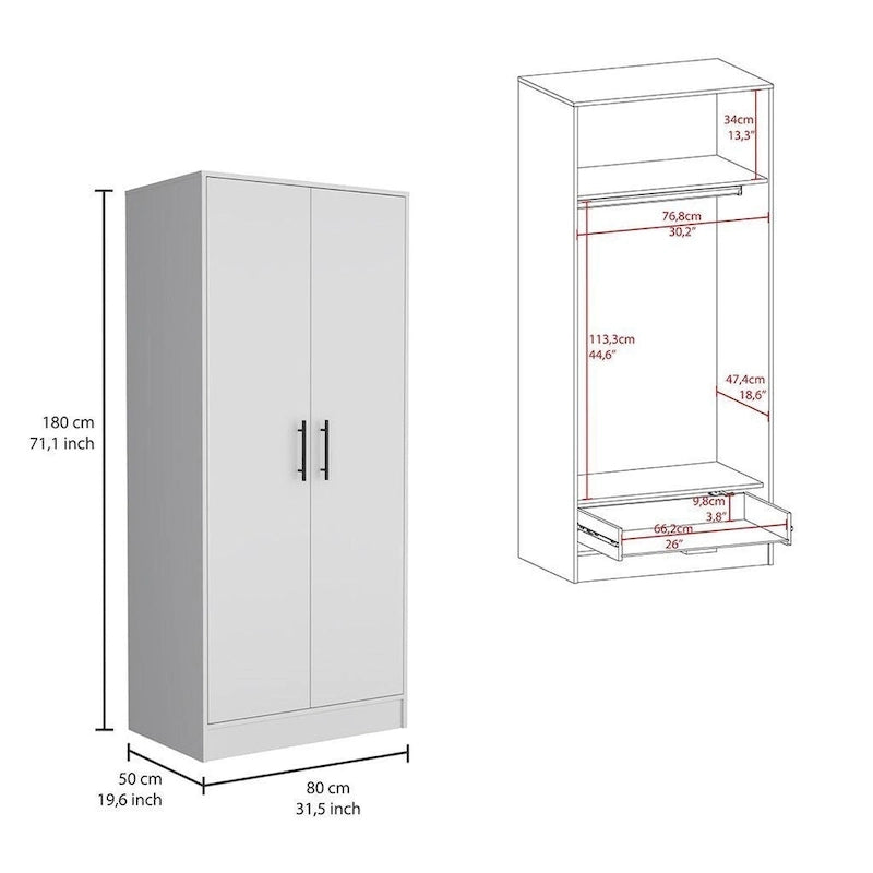 FM Furniture Canaan 2-Piece Bedroom Set with Armoire and 6-Drawer Dresser, White