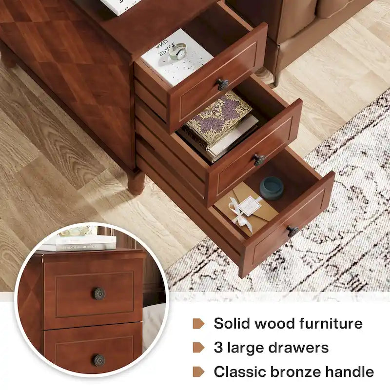 Fully Assembled Narrow End Table, Solid Wood Side Table with 3 Drawers, Vintage Nightstand Slim Bedside Table for Small Spaces
