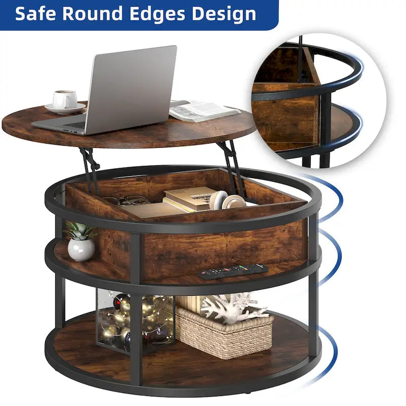 Moasis Farmhouse Lift Top Round Coffee Table with Hidden Storage and Shelf
