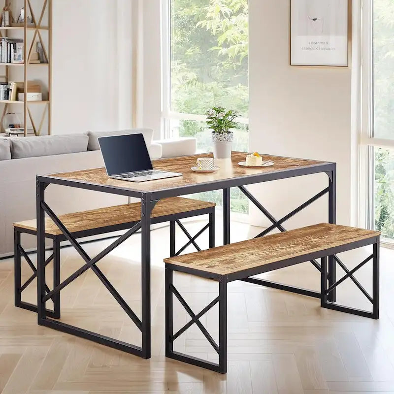 VECELO Tavolo da Pranzo 3 Pezzi con Panca, Set Tavolo da Pranzo per 4-6 Posti, Tavolo da Cucina con 2 Panche, Set Tavolo da Pranzo