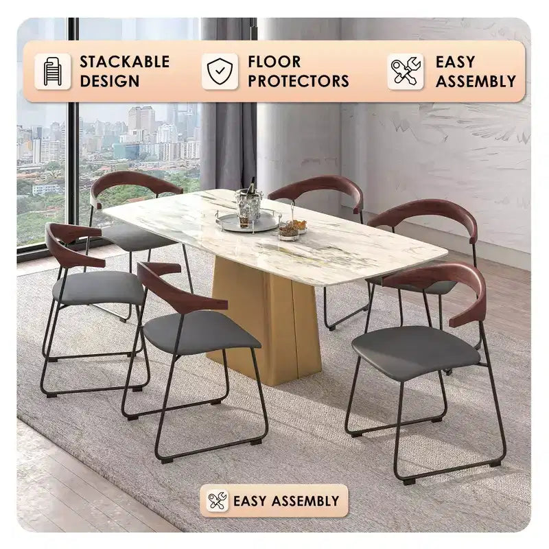 LeisureMod Upholstered Dining Chair in Leather with Beech Back and Iron Legs Set of 4 Lyra Series
