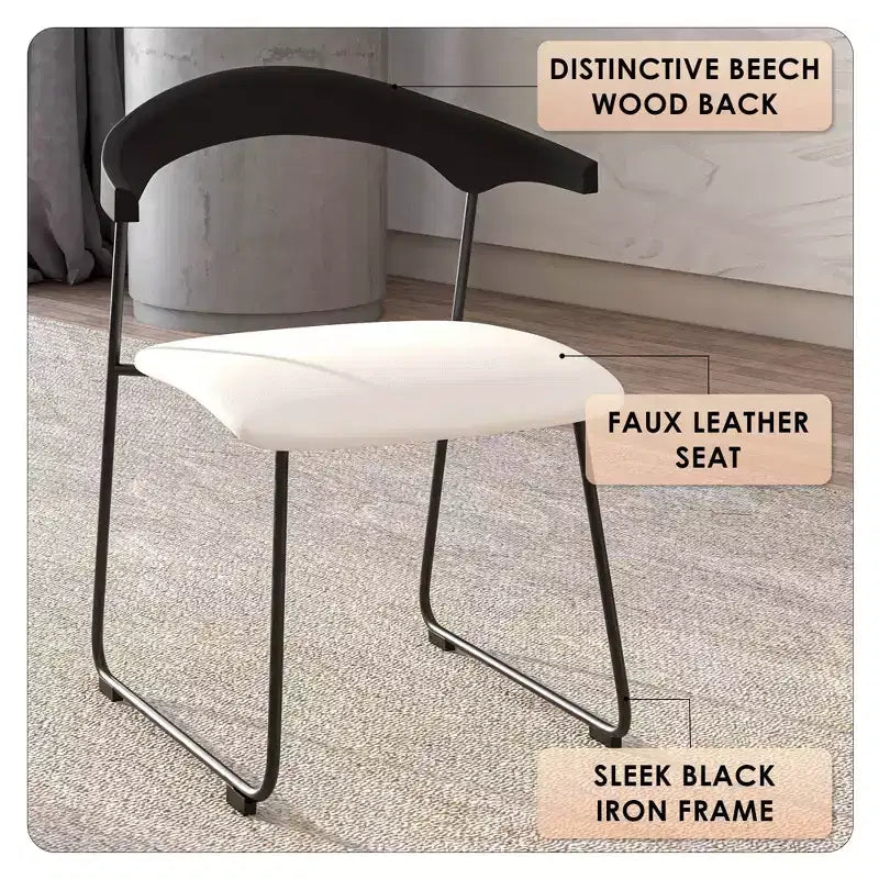 LeisureMod Upholstered Dining Chair in Leather with Beech Back and Iron Legs Set of 4 Lyra Series