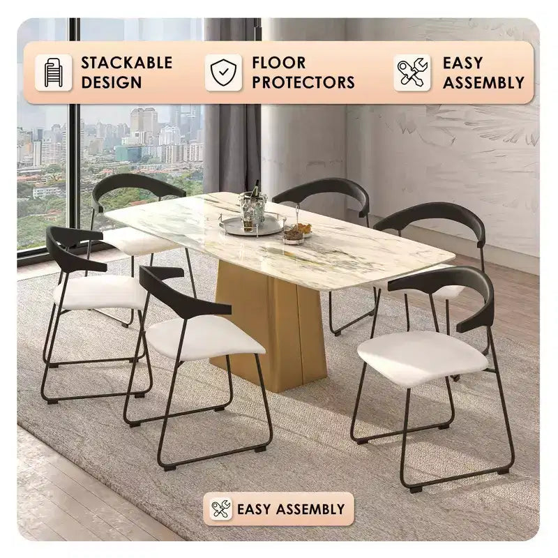 LeisureMod Upholstered Dining Chair in Leather with Beech Back and Iron Legs Set of 4 Lyra Series