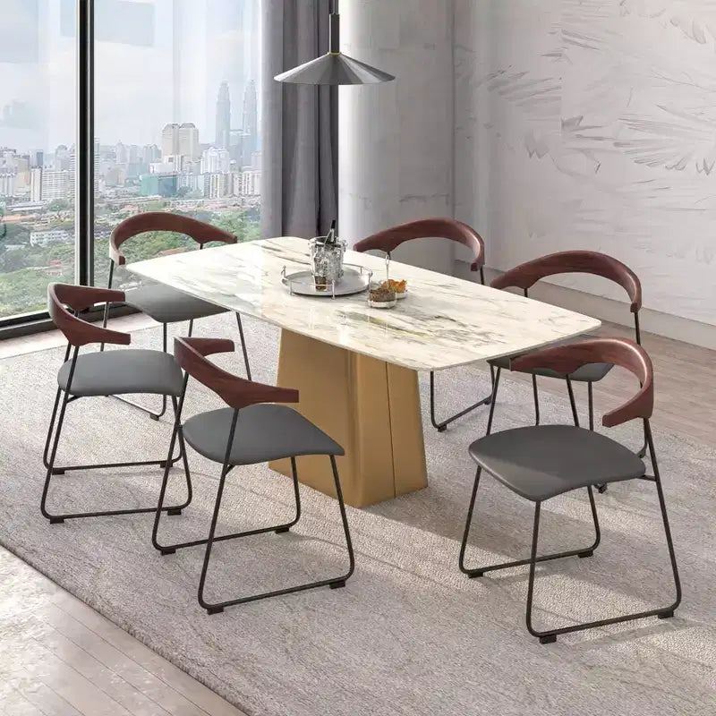 LeisureMod Upholstered Dining Chair in Leather with Beech Back and Iron Legs Set of 4 Lyra Series