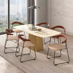 LeisureMod Upholstered Dining Chair in Leather with Beech Back and Iron Legs Set of 4 Lyra Series