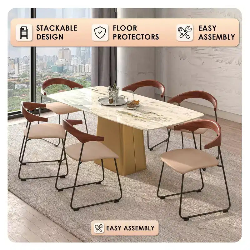 LeisureMod Upholstered Dining Chair in Leather with Beech Back and Iron Legs Set of 4 Lyra Series