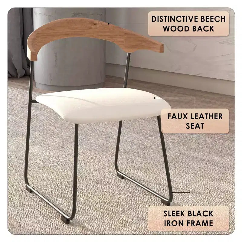 LeisureMod Upholstered Dining Chair in Leather with Beech Back and Iron Legs Set of 4 Lyra Series