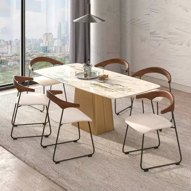 LeisureMod Upholstered Dining Chair in Leather with Beech Back and Iron Legs Set of 4 Lyra Series