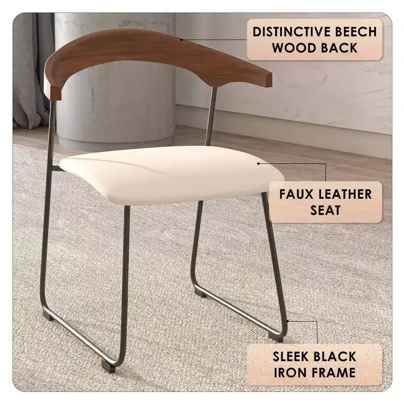 LeisureMod Upholstered Dining Chair in Leather with Beech Back and Iron Legs Set of 4 Lyra Series