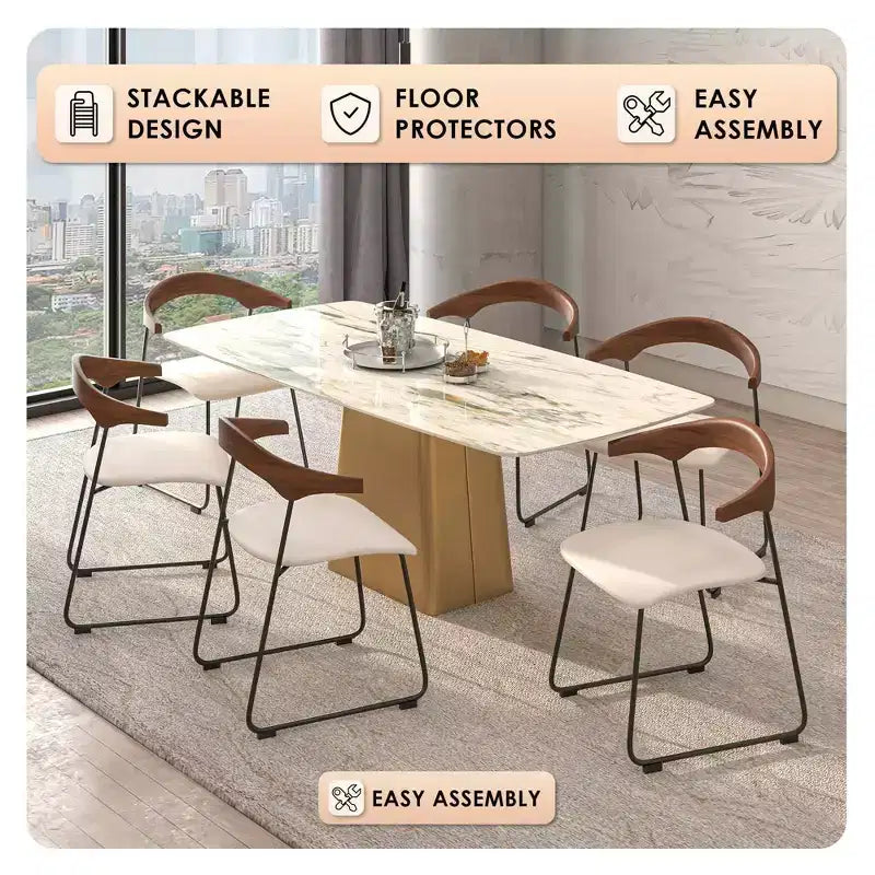 LeisureMod Upholstered Dining Chair in Leather with Beech Back and Iron Legs Set of 4 Lyra Series