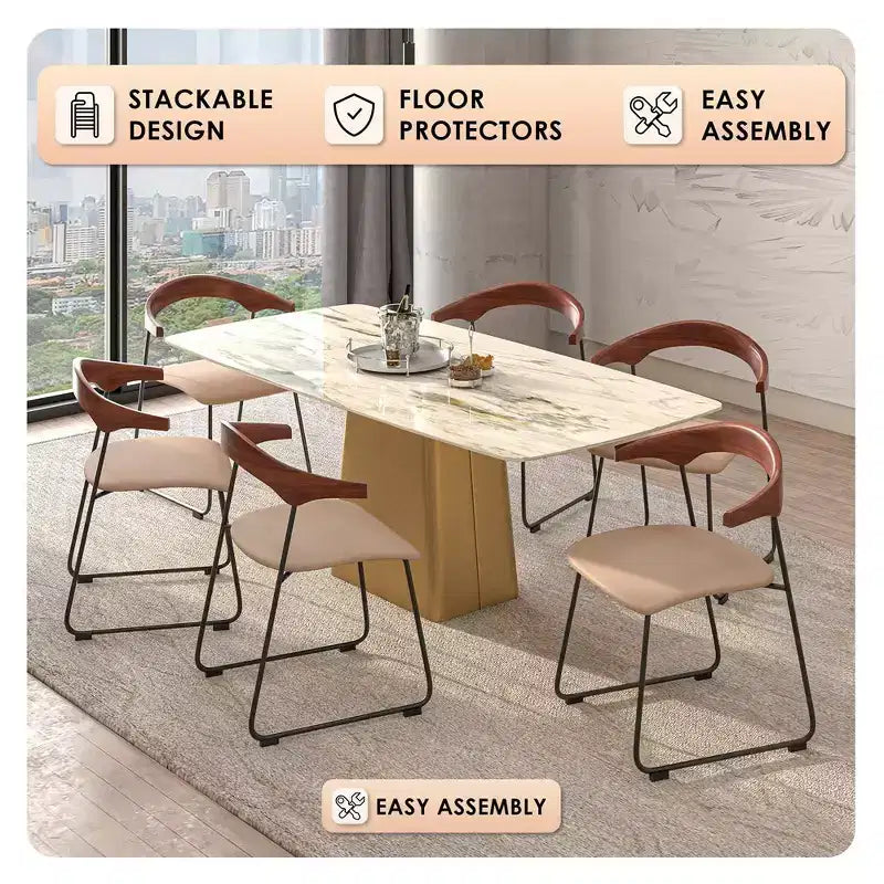 LeisureMod Upholstered Dining Chair in Leather with Beech Back and Iron Legs Set of 4 Lyra Series