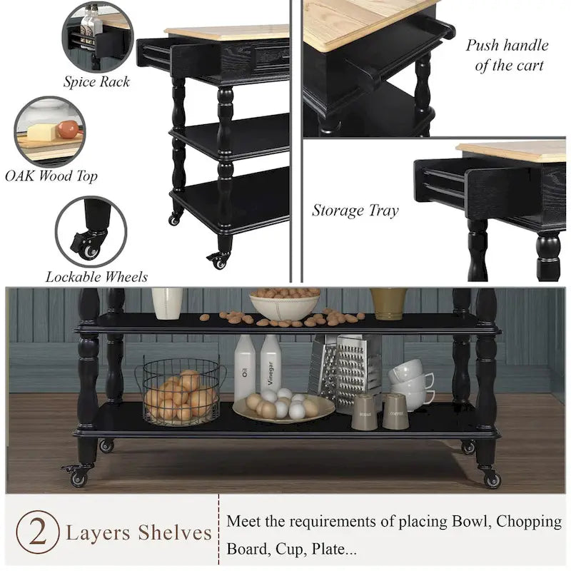 Rolling Kitchen Island with Storage, Wheels, Wine and Spice Rack