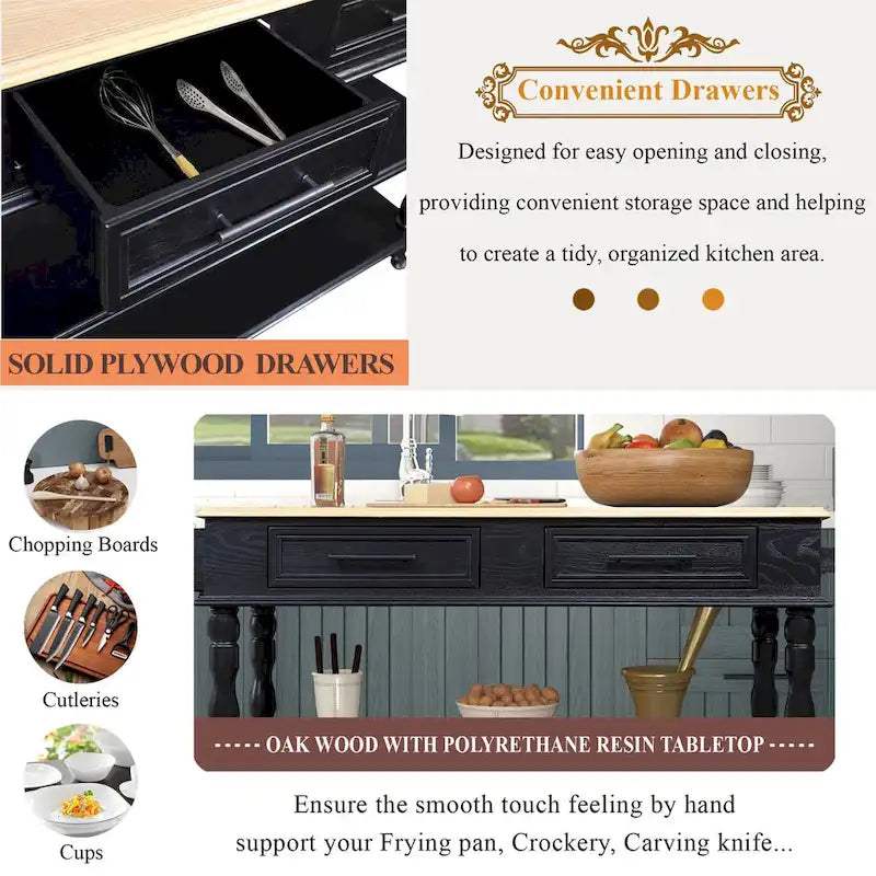Rolling Kitchen Island with Storage, Wheels, Wine and Spice Rack