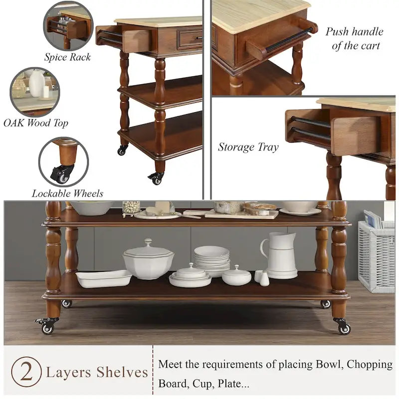 Rolling Kitchen Island with Storage, Wheels, Wine and Spice Rack