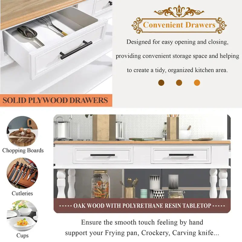 Rolling Kitchen Island with Storage, Wheels, Wine and Spice Rack