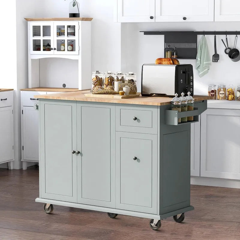 Carrello da cucina moderno ed elegante in legno con isola portaoggetti e ribalta