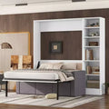 Full/Twin Size Murphy Bed Wall Bed with 3/2 Seat Sofa and Storage Shelves, White+Gray -ModernLuxe