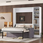 Full/Twin Size Murphy Bed Wall Bed with 3/2 Seat Sofa and Storage Shelves, White+Gray -ModernLuxe