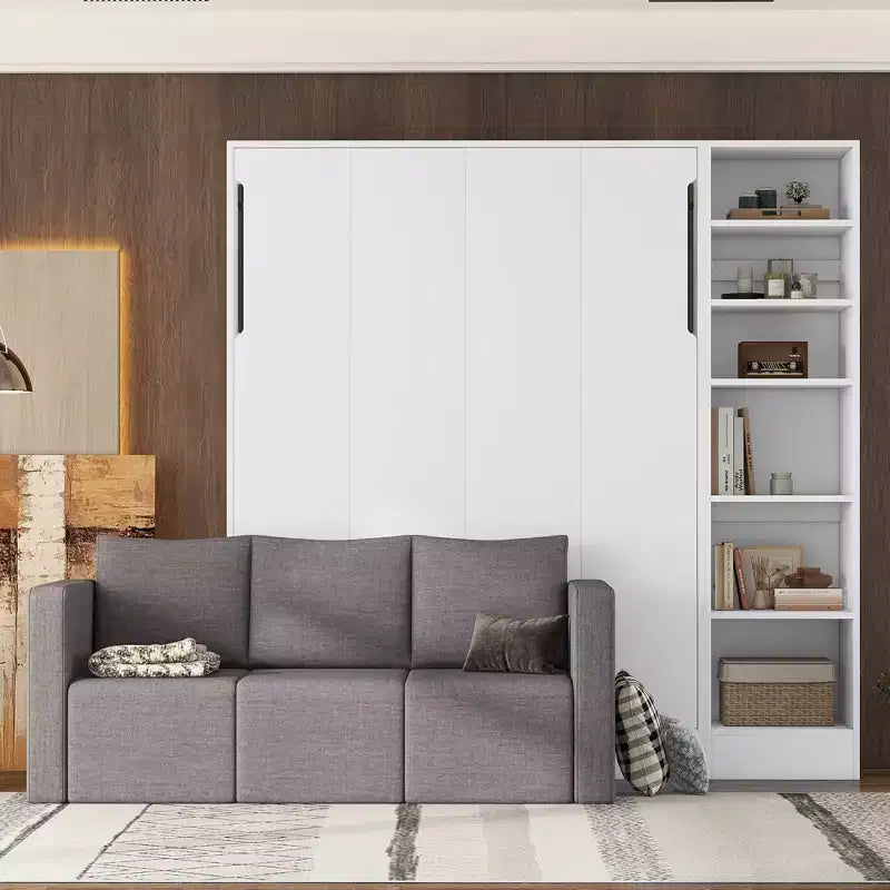 Full/Twin Size Murphy Bed Wall Bed with 3/2 Seat Sofa and Storage Shelves, White+Gray -ModernLuxe
