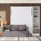 Full/Twin Size Murphy Bed Wall Bed with 3/2 Seat Sofa and Storage Shelves, White+Gray -ModernLuxe