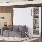 Full/Twin Size Murphy Bed Wall Bed with 3/2 Seat Sofa and Storage Shelves, White+Gray -ModernLuxe