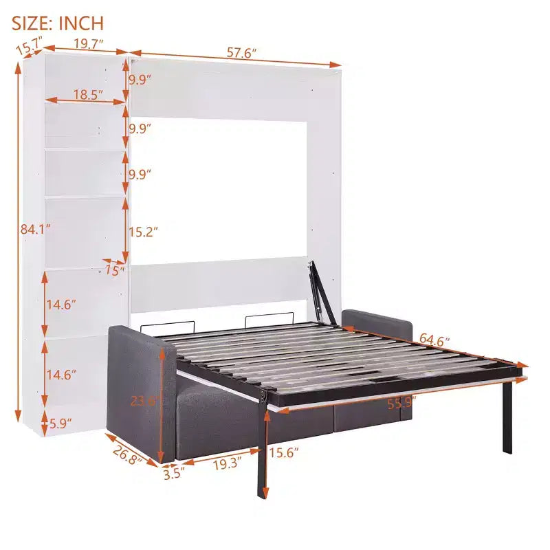 Full/Twin Size Murphy Bed Wall Bed with 3/2 Seat Sofa and Storage Shelves, White+Gray -ModernLuxe