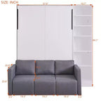 Full/Twin Size Murphy Bed Wall Bed with 3/2 Seat Sofa and Storage Shelves, White+Gray -ModernLuxe