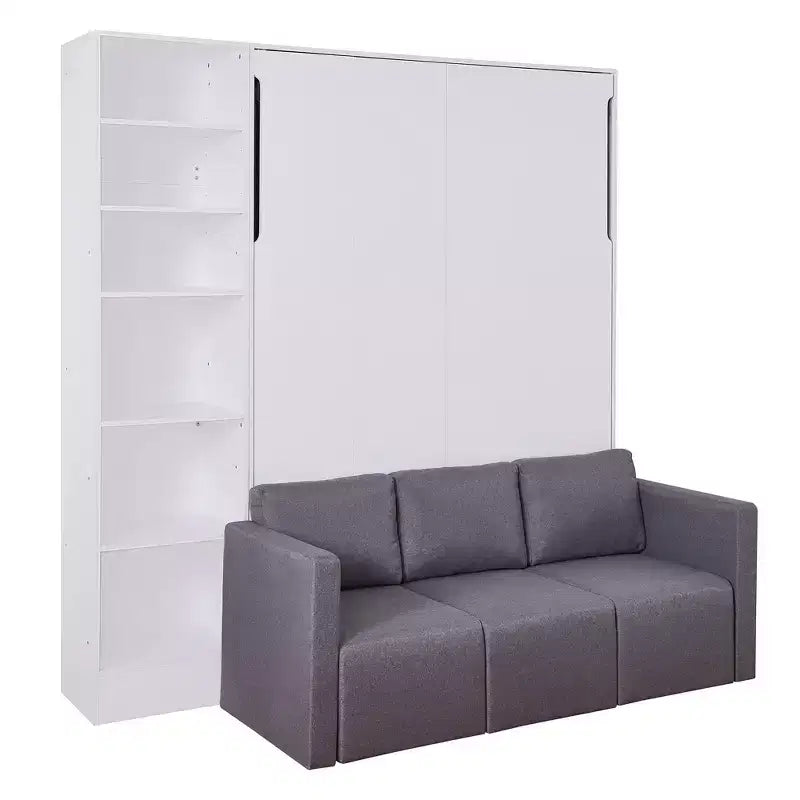 Full/Twin Size Murphy Bed Wall Bed with 3/2 Seat Sofa and Storage Shelves, White+Gray -ModernLuxe