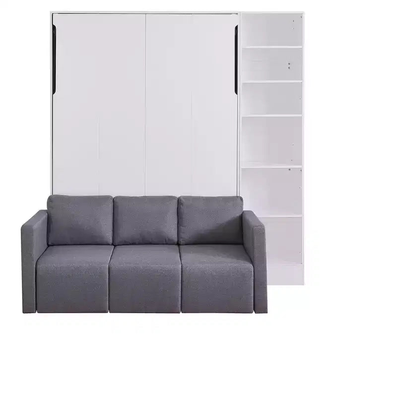 Full/Twin Size Murphy Bed Wall Bed with 3/2 Seat Sofa and Storage Shelves, White+Gray -ModernLuxe