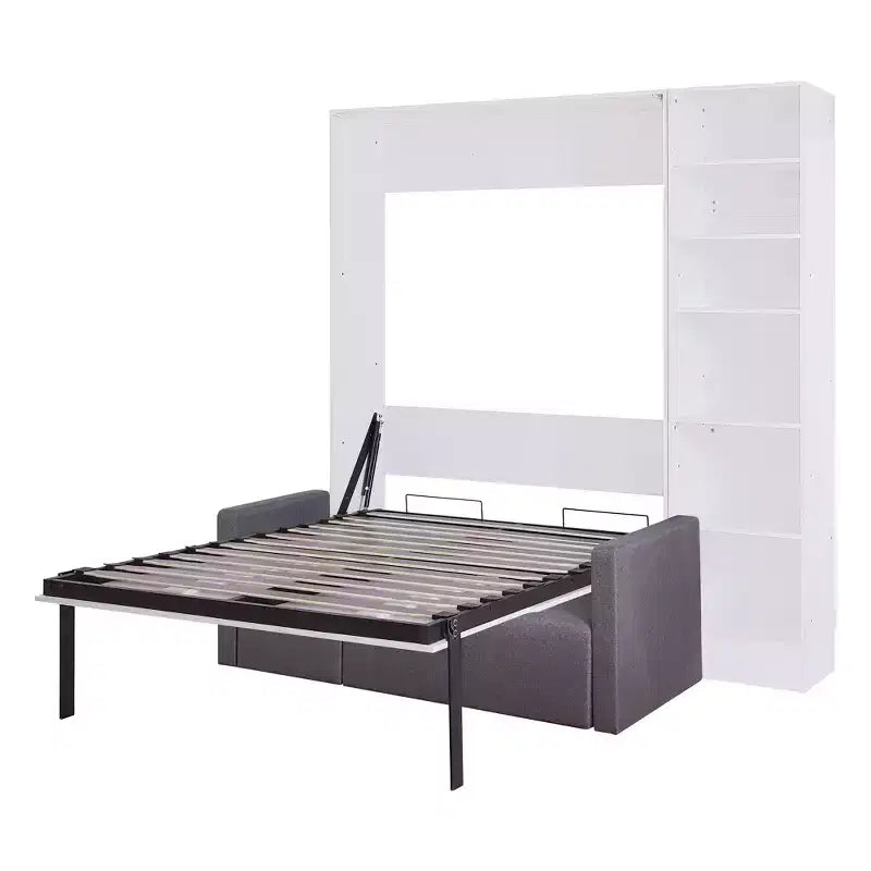 Full/Twin Size Murphy Bed Wall Bed with 3/2 Seat Sofa and Storage Shelves, White+Gray -ModernLuxe