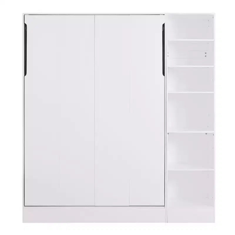 Full/Twin Size Murphy Bed Wall Bed with 3/2 Seat Sofa and Storage Shelves, White+Gray -ModernLuxe