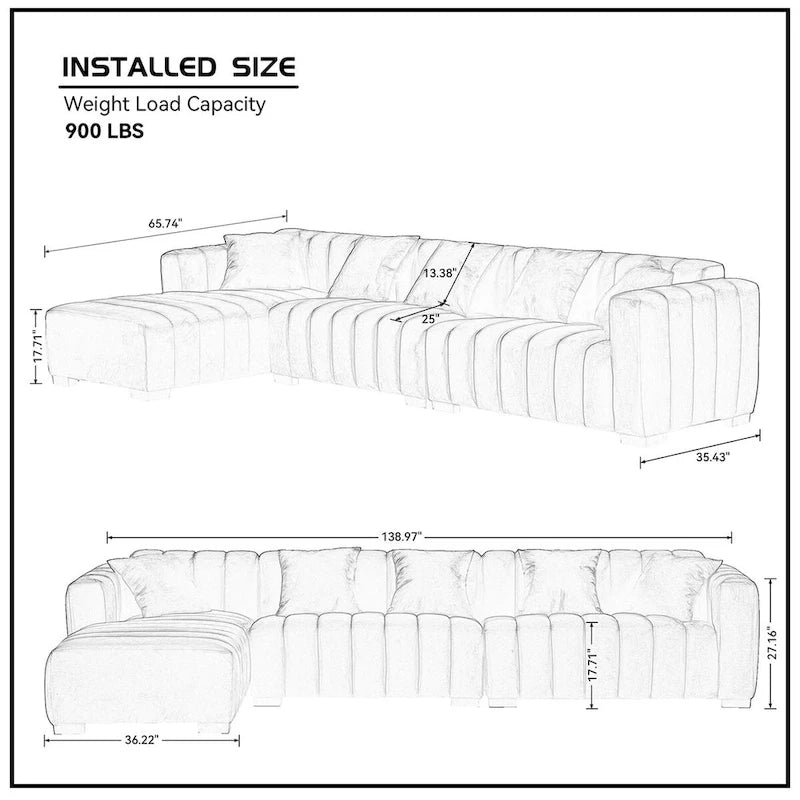 Channel Tufted Sofa Velvet Upholstered Left Chaise Modular Sofa