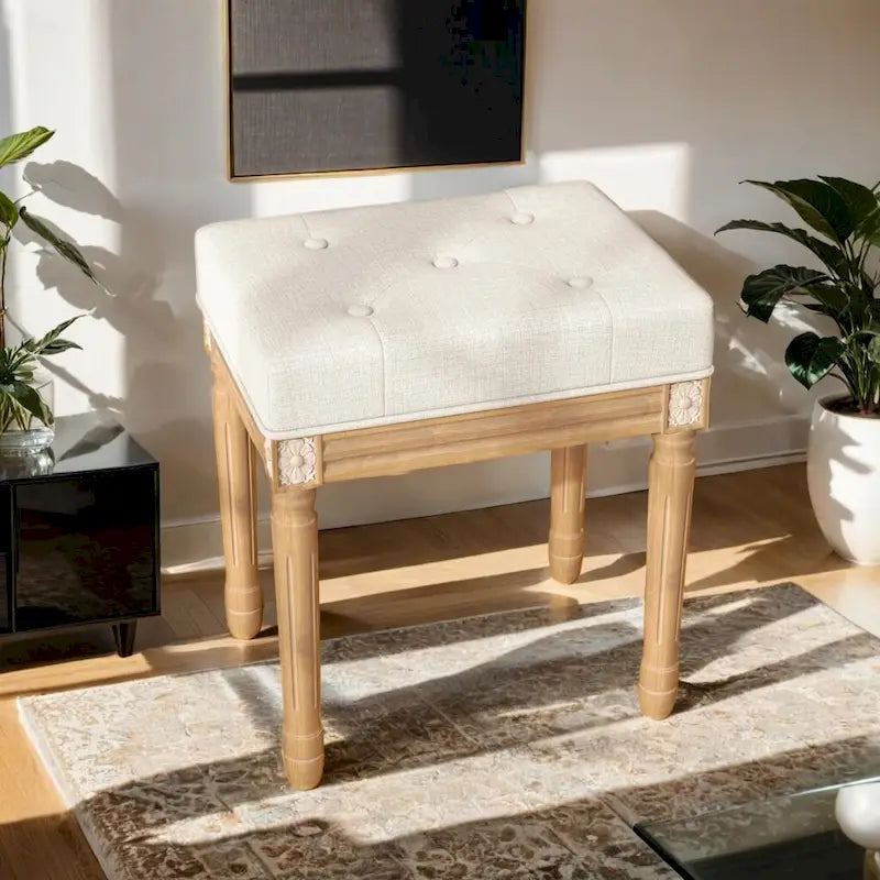 Sgabello vintage francese con bottoni trapuntati, seduta imbottita e struttura in legno