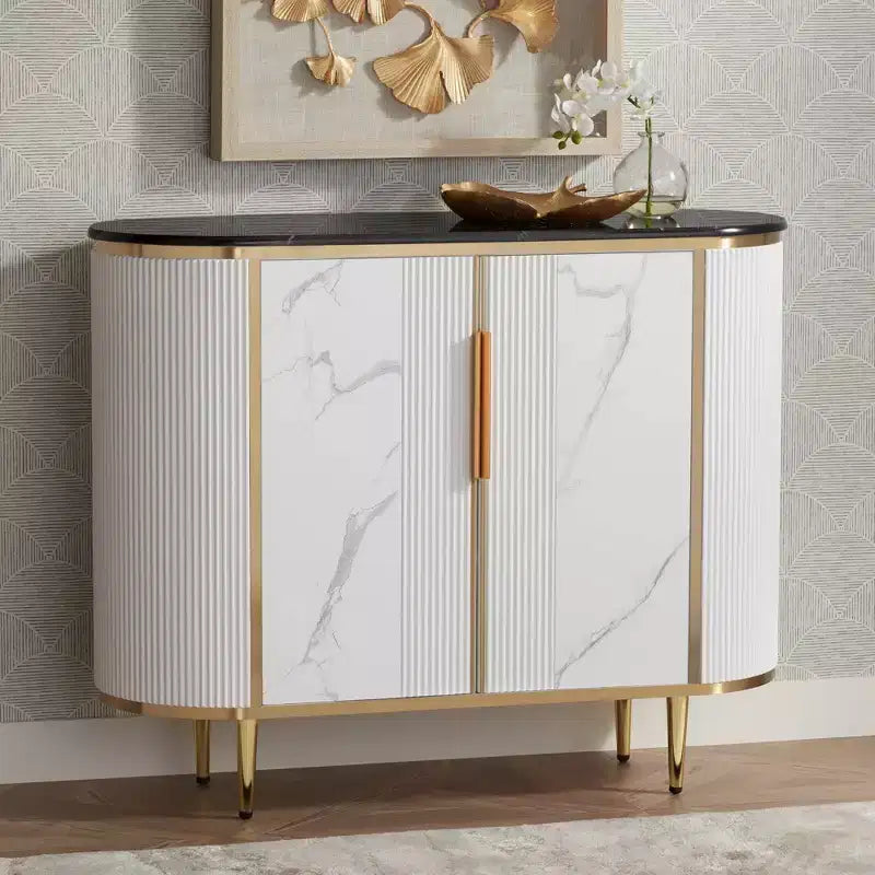 55 Downing Street Jodie Modern White Oval Console Table 38 1/4 x 15 1/4 with Storage Black Marble Tabletop for Living Room Home