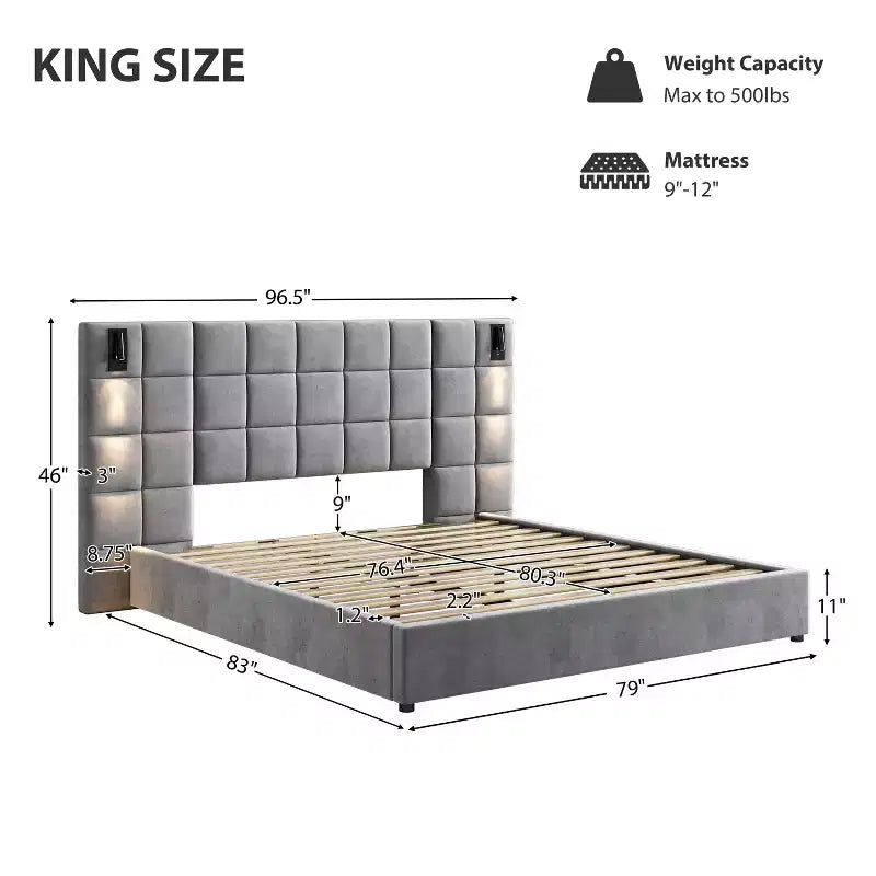 Struttura letto imbottita King/Queen Size con testiera larga, lampada da lettura e porta USB, velluto, grigio - ModernLuxe