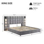 Struttura letto imbottita King/Queen Size con testiera larga, lampada da lettura e porta USB, velluto, grigio - ModernLuxe