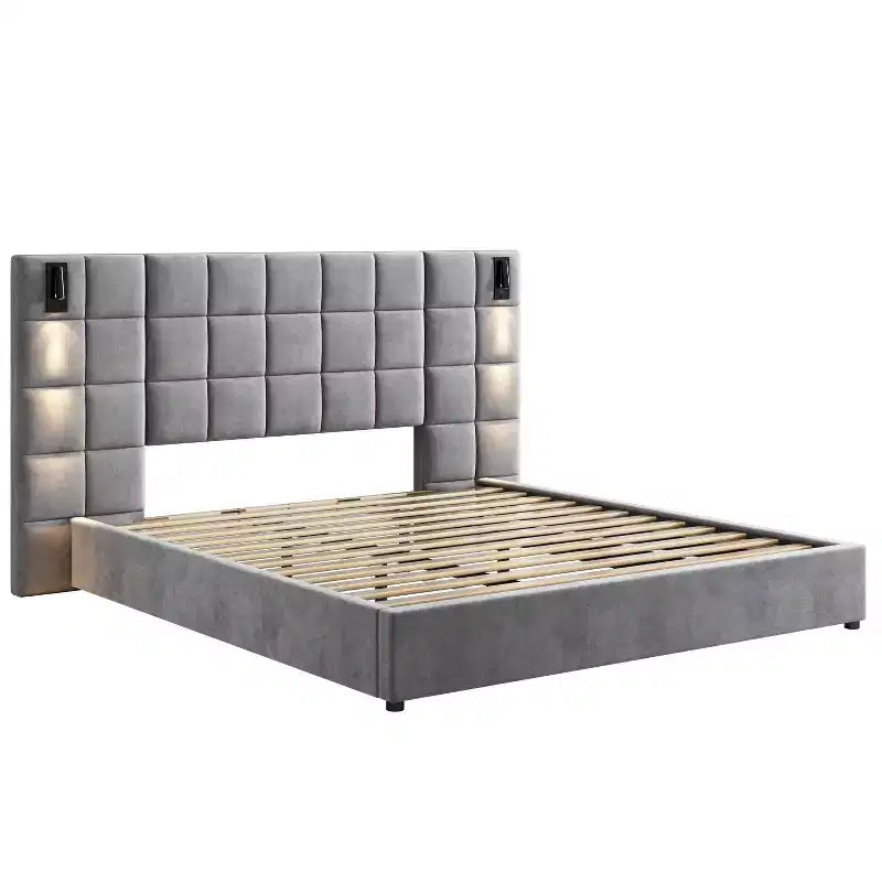 Struttura letto imbottita King/Queen Size con testiera larga, lampada da lettura e porta USB, velluto, grigio - ModernLuxe