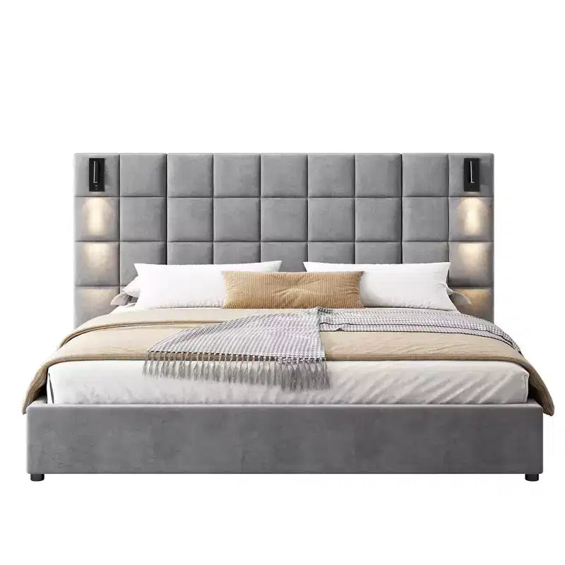 King/Queen Size Upholstered Platform Bed Frame with Wide Headboard, Reading Lamp and USB Port, Velvet, Gray - ModernLuxe
