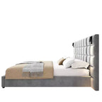 Struttura letto imbottita King/Queen Size con testiera larga, lampada da lettura e porta USB, velluto, grigio - ModernLuxe