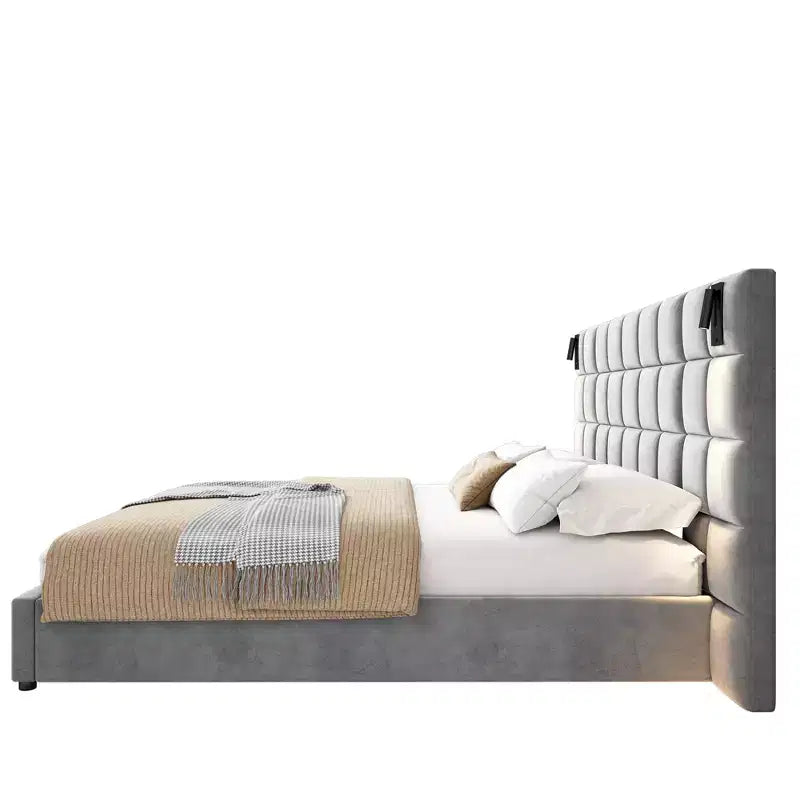 Struttura letto imbottita King/Queen Size con testiera larga, lampada da lettura e porta USB, velluto, grigio - ModernLuxe